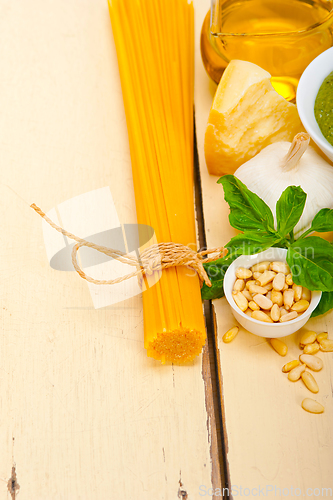 Image of Italian traditional basil pesto pasta ingredients