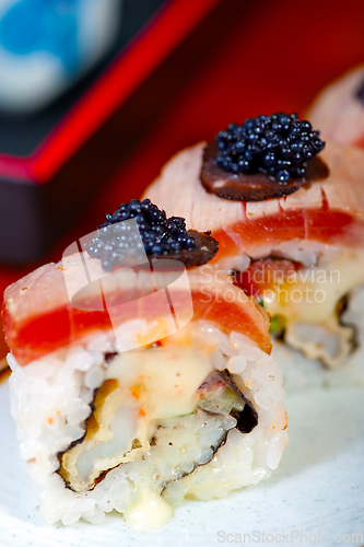 Image of fresh sushi choice combination assortment selection