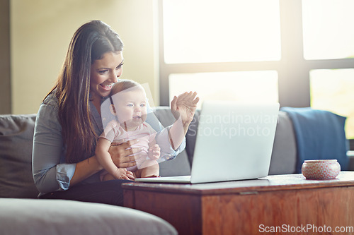 Image of Mother, baby or waving on laptop video call in house or home living room in social distancing communication. Smile, happy or hello mom and child girl on sofa zoom technology for social network talk