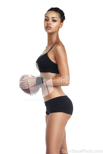 Image of Sports portrait, exercise and black woman with football for fitness, competition game or studio performance challenge. Health, workout profile or training football player isolated on white background