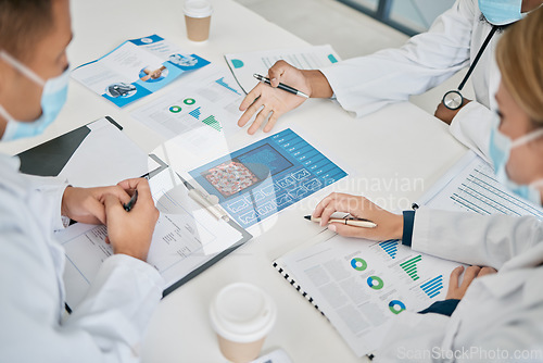 Image of Covid, teamwork and doctors with documents in meeting in hospital office. Corona, collaboration and top view of medical people, group or staff with paperwork, data and statistics for vaccine planning