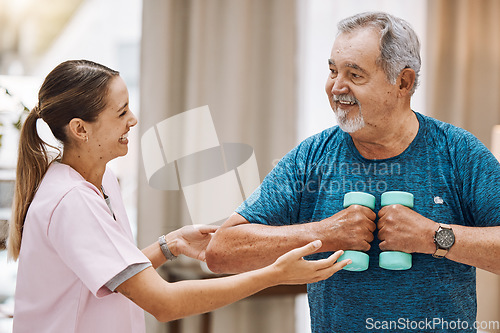 Image of Exercise, physiotherapy and senior man with a physiotherapist for healthcare training, rehabilitation and fitness support. Strength training, workout and doctor with motivation for elderly patient
