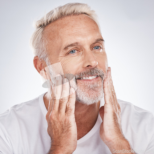 Image of Healthy skincare, mature man and touching face on studio background. Mature guy, clean beard or facial cosmetics of male beauty, happy aesthetics and natural body care, cream and wellness dermatology