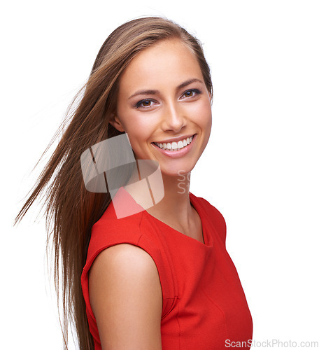 Image of Beauty, happy and face portrait of a woman with a smile isolated on a white background with a positive mindset. Young professional female Canada model in studio with makeup, cosmetics and hair care