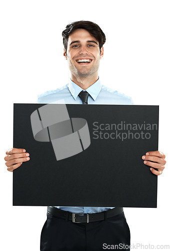 Image of Placard mockup, portrait and happy businessman with marketing poster, advertising banner or product placement space. Billboard paper mock up, promotion sign and sales model on white background studio