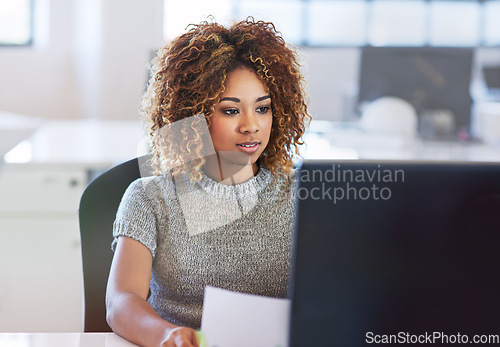 Image of Business laptop, reading and black woman doing feedback review of financial portfolio, stock market or investment. Online economy research, bitcoin mining and trader trading nft, forex or crypto