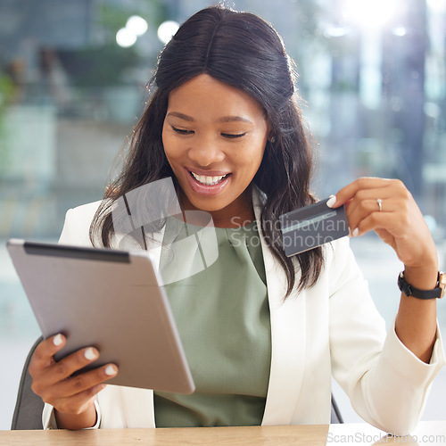 Image of Black woman, credit card and online shopping on tablet in office. Ecommerce, technology and happy female entrepreneur with touchscreen and debit card for online banking, product payment or investment