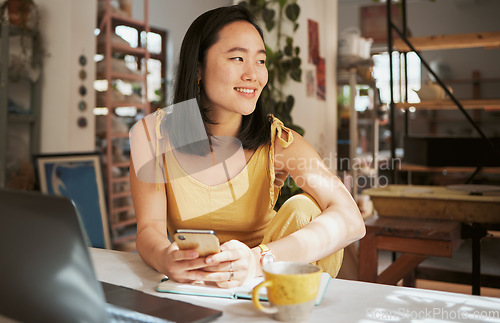 Image of Startup, Asian or business woman with phone for networking, online communication or blog content search. Happy, smile or girl with notebook and smartphone for social media, planning or website review