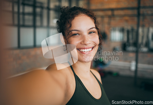 Image of Fitness, exercise and gym selfie portrait of a woman happy about workout, training motivation and body wellness. Young sports female or athlete with a smile for blog inspiration and progress post