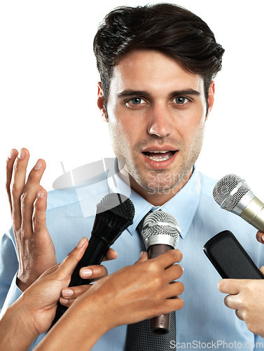 Image of Reporter microphone, portrait and interview for businessman, government worker or speaker. Speech, communication and hands of news journalist asking question to politician on white background studio