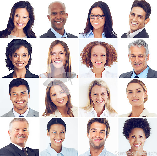 Image of Face, collage and portrait smile of business people for profile, montage or collection against a white studio background. Happy faces collected in diversity isolated or cropped group smiling together