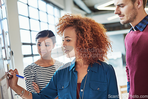 Image of Planning, writing and teamwork with a business woman team working on a whiteboard together in the boardroom. Collaboration, planning and strategy with a female employee group at work in their office