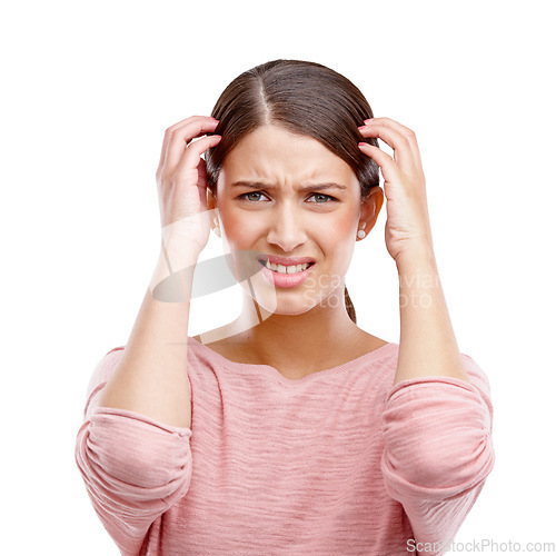 Image of Headache, stress and frustrated with woman in pain suffering with anxiety, depression and burnout fatigue. Mental health, sad and migraine with face of worried girl for sick, mistake and exhausted