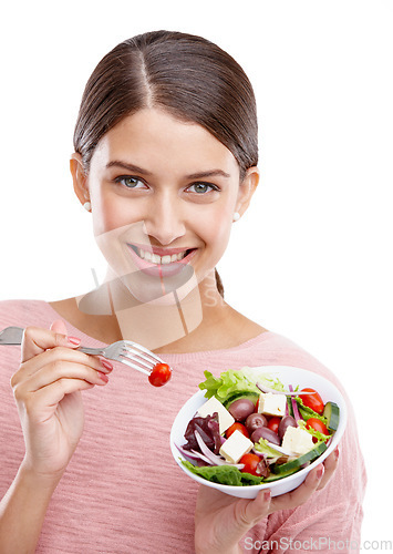 Image of Woman, smile and salad bowl for healthy diet, meal or food for vegetarian against white studio background. Portrait of isolated female smile holding vegetables for health, nutrition or weight loss