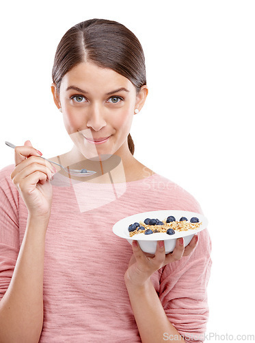 Image of Happy, woman and healthy breakfast bowl of cereal for eating against white studio background. Portrait of isolated young female model smiling holding muesli with fruit for health, nutrition or fiber