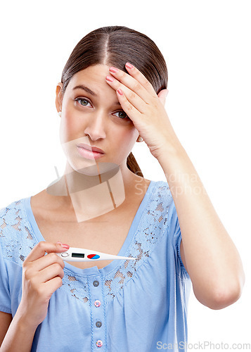 Image of Portrait, confused and pregnant woman pregnancy test in studio, bad and worry on white background. Pregnancy, stress and girl with anxiety, shocked and surprise by positive testing kit and isolated