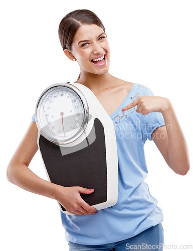 Image of Health, weight loss and scale with portrait of woman for fitness, nutrition and diet achievement. Workout, goal and training with isolated girl model and weight scale for wellness, cardio and winner