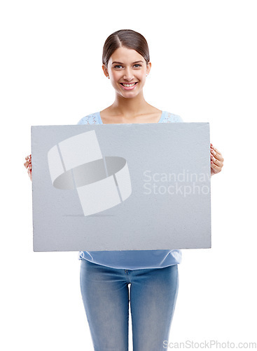 Image of Woman, happy portrait and blank board standing in white background for advertising, marketing and branding vision. Model, smile and holding empty poster, billboard or banner mockup isolated in studio