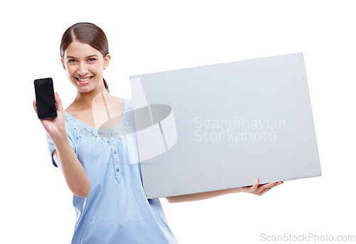 Image of Portrait, phone and mockup with a model woman in studio isolated on a white background for brand advertising. Communication, marketing and poster with a female posing to promote blank branding space