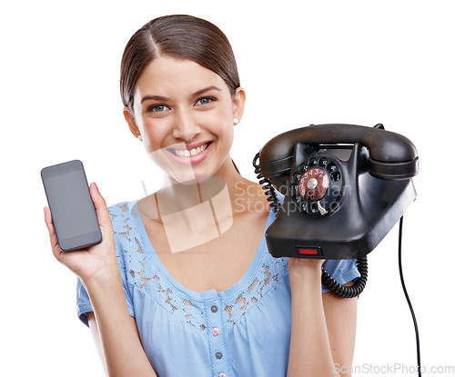 Image of Woman, mobile phone and retro telephone, communication technology and contact isolated on white background. Portrait, smile and marketing modern with vintage, tech and upgrade with phone in hands