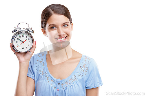 Image of Portrait, clock and hand with a model woman in studio isolated on a white background showing an alarm. Time, vintage reminder with a female holding an alarm clock or timer on a blank space