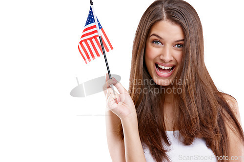 Image of Usa hand flag, freedom and woman portrait excited about labor day holiday with white background. Isolated, model and happiness of a young person smile happy about american flag pride with mockup
