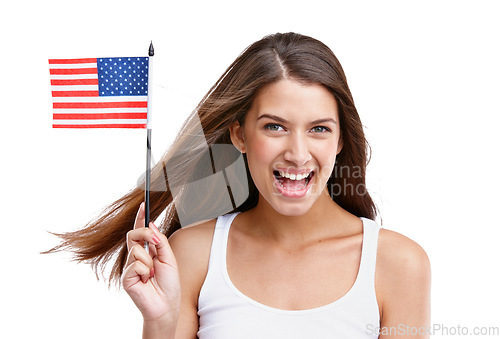 Image of American flag, woman and happy portrait with mockup excited about labor day with white background. Isolated, model and happiness of young person smile about usa flag, pride and freedom with joy
