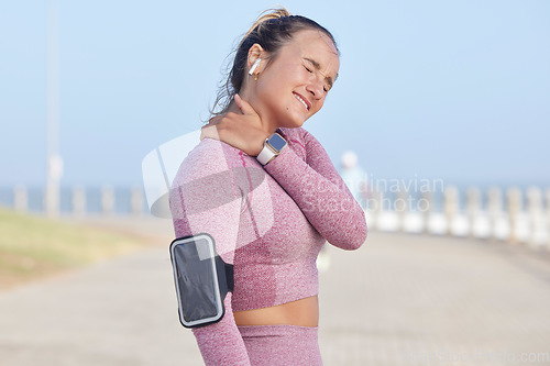 Image of Fitness runner, injury and woman with neck pain problem from workout, outdoor running or exercise. Sky, athlete training accident or sports girl with muscle strain, medical crisis or health emergency