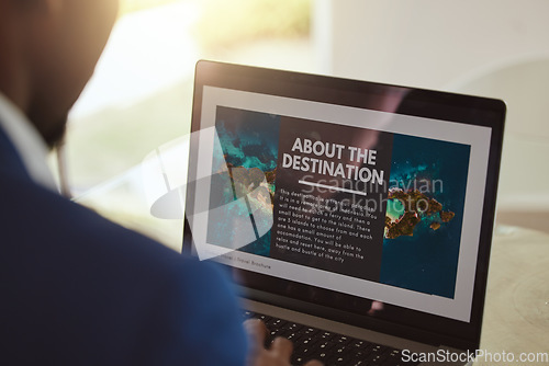 Image of Laptop screen, travel website and businessman reading search information on vacation planning, marketing or online application. Black man, ux web design for contact us, booking faq or about us page