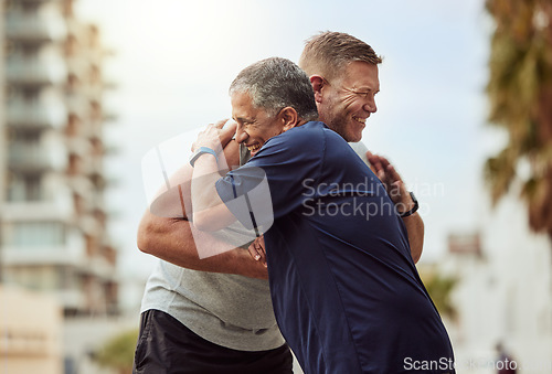 Image of Fitness, hug and senior friends or people with lose weight support, accountability and love in urban city training, exercise or workout. Wellness, community and men with sports trust and thank you