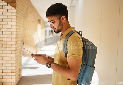 Image of University, tablet and campus student typing internet, web or website search for college, digital research or study project. Education profile, school learning and man review online knowledge report