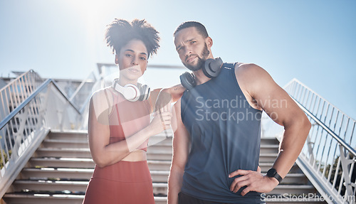 Image of Black couple, stairs portrait and fitness with headphones for music, motivation and outdoor urban workout. Exercise team, couple and support for health, wellness training and development in summer