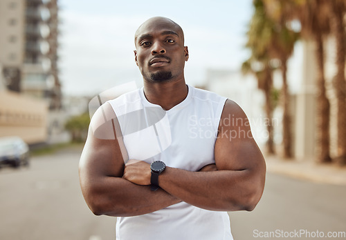 Image of Portrait, fitness or black man ready to start running exercise, workout or sports exercise in city of Miami. Face, personal trainer or healthy African athlete thinking of vision, mission or goals