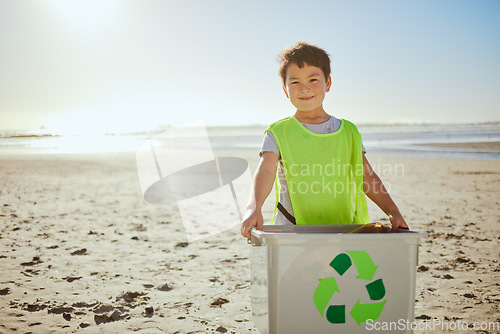 Image of Recycling, beach cleaning and child in portrait, environment and climate change with sustainability and volunteer mockup. Eco friendly activism, clean Earth and nature with kid outdoor to recycle