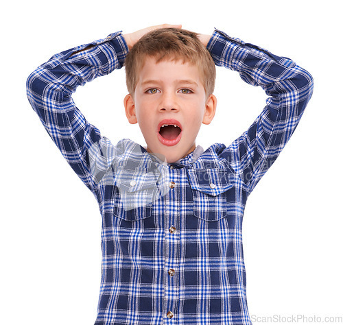 Image of Surprise, shock and portrait of a boy with hands on head with isolated white background. Child, kid and youth of a young person in casual clothes surprised and shocked alone with mockup and wow face