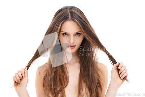 Image of Beauty, hair and portrait a woman with makeup, cosmetics and shampoo product results for shine and growth. Female model on white background for hairdresser, skin care and salon advertising in studio