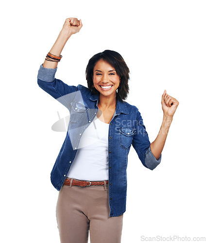 Image of Winner, success celebration and portrait of woman in studio isolated on white background. Face, winning and happy and excited female model celebrate victory, triumph or goal achievement with a smile.