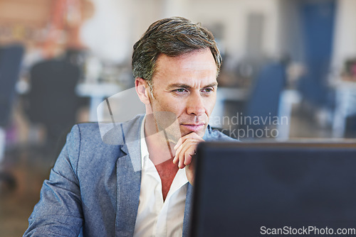 Image of Senior businessman, reading online report and pc for web design planning, networking or digital marketing. Mature man, thinking and tech strategy analytics or logistics research on office computer