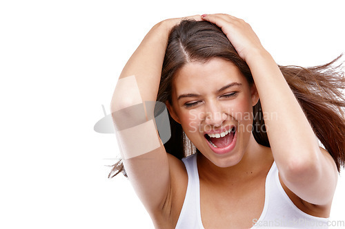 Image of Woman, face and excited with hair blowing in studio happy about a crazy sale, beauty and wellness. Female model with hands on head and advertising space isolated on a white background with mouth open