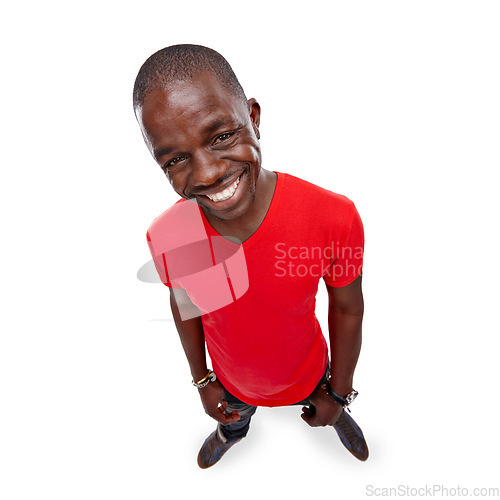 Image of Portrait, fashion and red with a model black man in studio isolated on a white background from above. Happy, smile and zoom with a handsome young male posing on a blank space for product branding