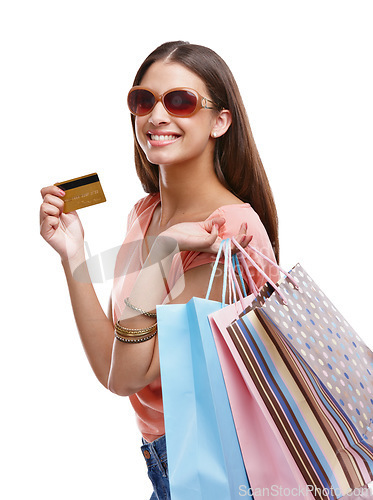 Image of Woman, shopping bag and credit card for studio portrait, white background and isolated and product sales. Happy customer, model and shopping finance, ecommerce market and retail discount promotion