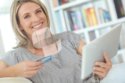 Image of Online shopping portrait, tablet or happy woman with credit card for digital bank payment, fintech or finance sale. Website store, e commerce gift card or customer search for ecommerce retail product