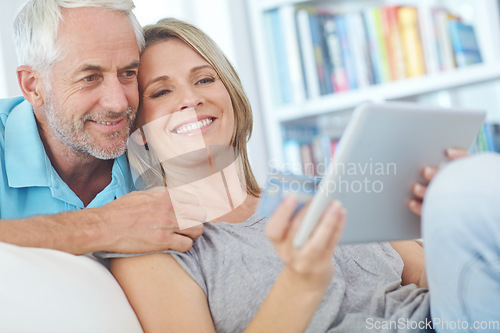 Image of Online shopping, tablet and senior couple with credit card for digital banking payment, fintech or finance sales. Website search, marriage love or customer with gift card for ecommerce retail product