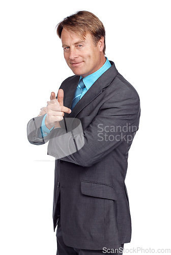 Image of Businessman, smile and pointing in studio portrait with suit, focus or success in leadership by white background. Happy corporate leader, vision or isolated for executive goal, mission and motivation