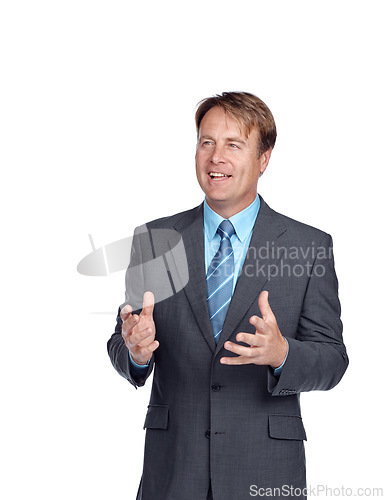 Image of Businessman, ceo speaker and senior employee ready for a financial presentation with a smile. White background, mature worker and finance professional model looking proud and smart in a studio