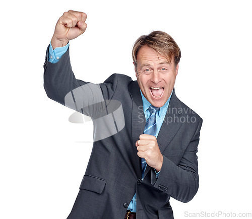 Image of Business man, success and fist pump with winner in career, celebrate and champion isolated on white background. Happy man, excited about professional win and cheers with leadership and celebration