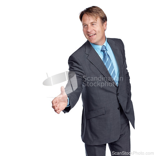 Image of Businessman, handshake and suit with smile in studio for focus, deal and leadership by white background. Happy corporate leader, recruitment or isolated for shaking hands, welcome and company vision