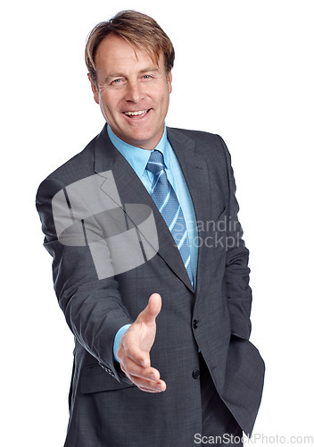 Image of Studio portrait, businessman and hand shake with suit, focus and deal in leadership by white background. Happy corporate leader, motivation or isolated for shaking hands, welcome and company vision