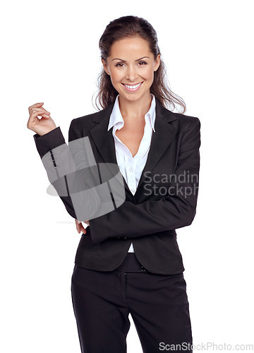 Image of Business woman, success and lawyer happy in portrait, smile with vision and mindset isolated on white background. Career, corporate legal employee and professional, female attorney and law advocate