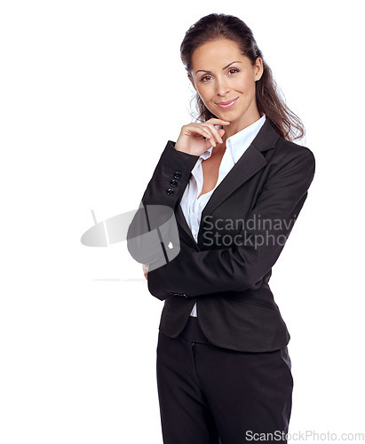 Image of Business woman, success and lawyer smile in portrait with vision and mindset isolated on white background. Career, corporate legal employee and professional mockup, female attorney and law advocate